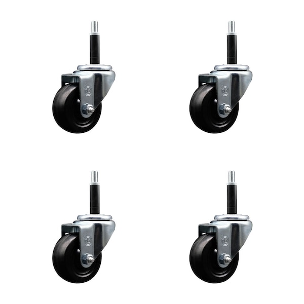3'' SS Hard Rubber Wheel Swivel 3/4'' Expanding Stem Caster Set, 4PK